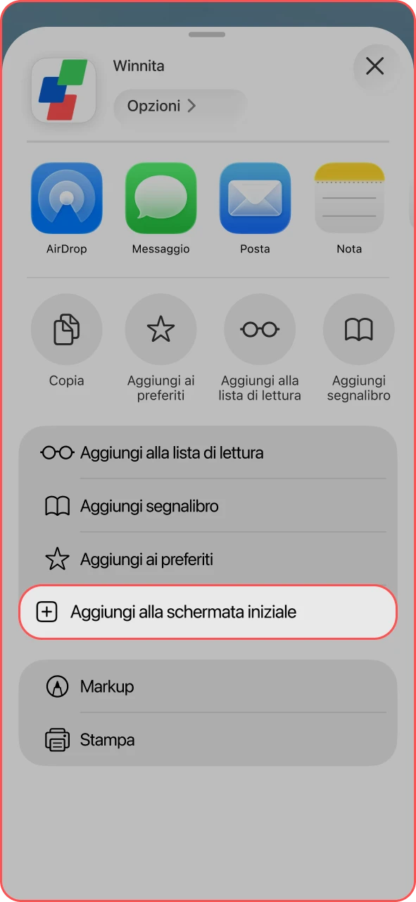 Aggiungi il collegamento del sito ufficiale Winnita alla schermata Home.