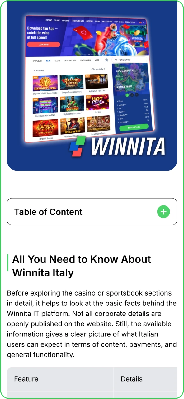 Open the official Winnita website on mobile and access the app section.