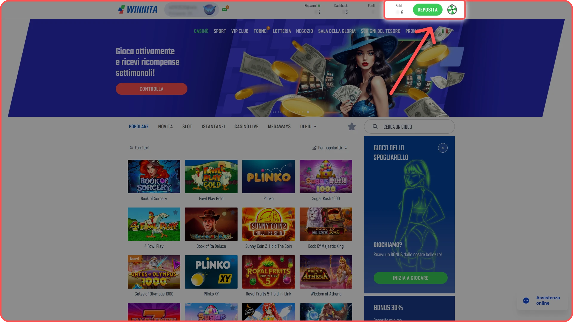 Attendi l’aggiornamento del saldo del tuo account sul sito Winnita.