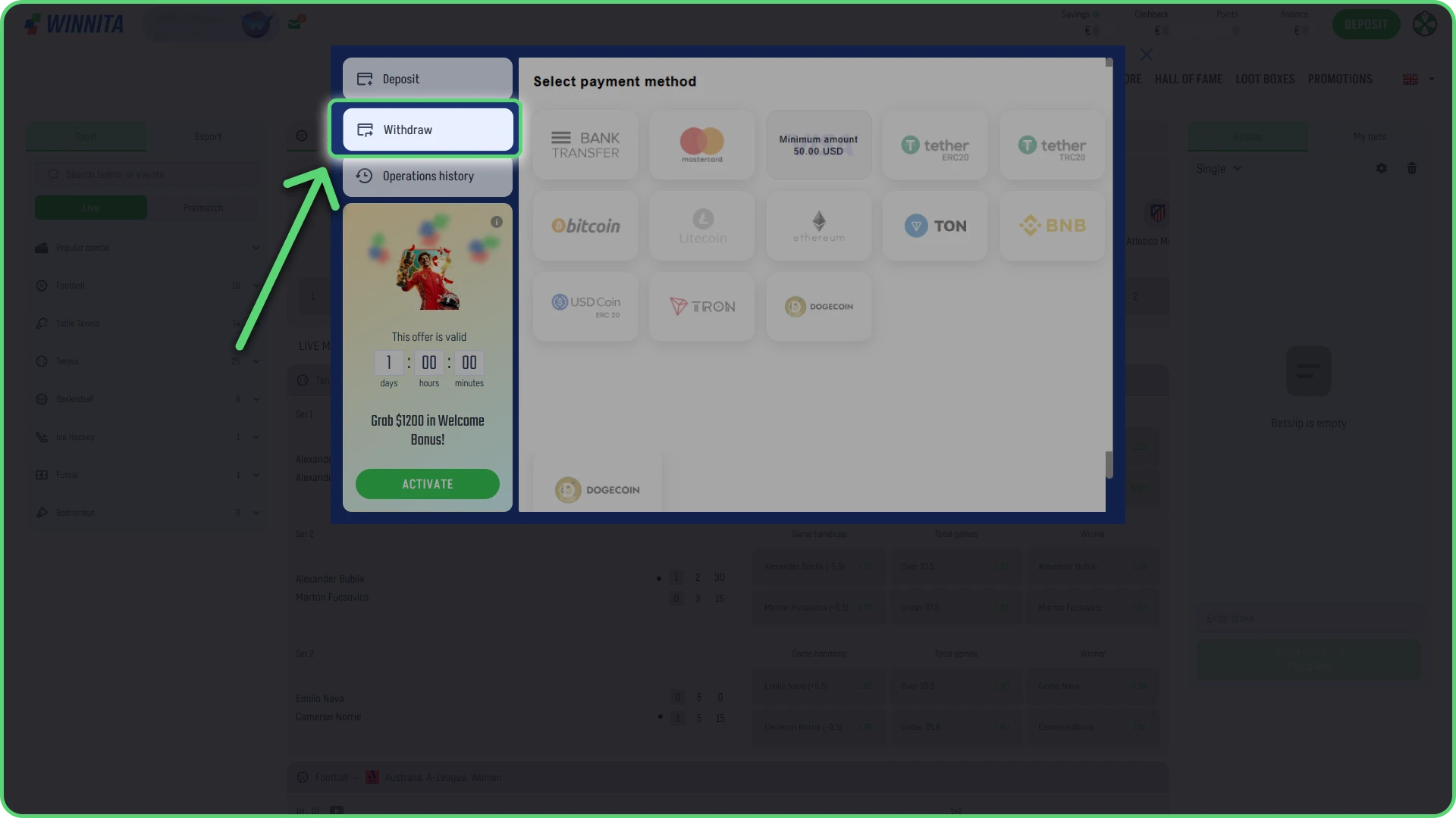 Select the withdrawal option on the official Winnita platform.