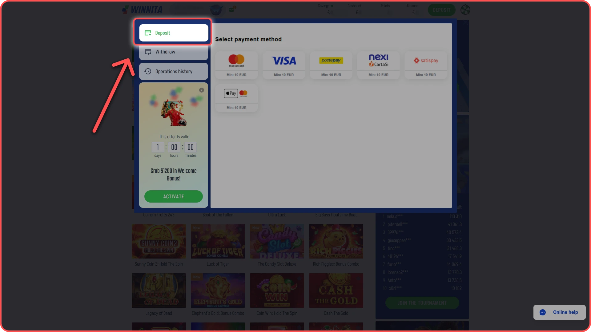 Click the deposit button to add funds on Winnita site.
