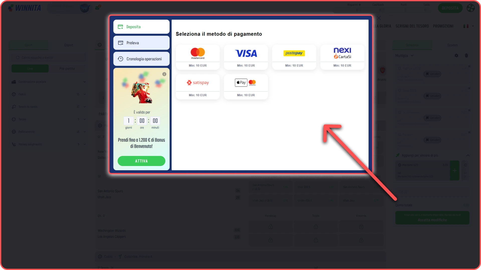 Effettua un deposito o una scommessa qualificante sulla piattaforma Winnita.
